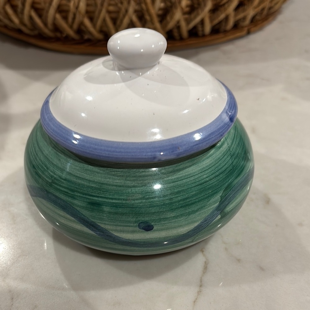 Hand Painted Blue & Green Espero Sugar Bowl Pottery by Caleca  Made in Italy